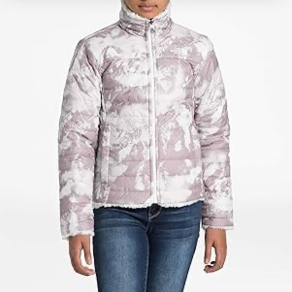 THE NORTH FACE Girls' Reversible Mossbud Swirl Jacket, Mountain Scape Print,LG